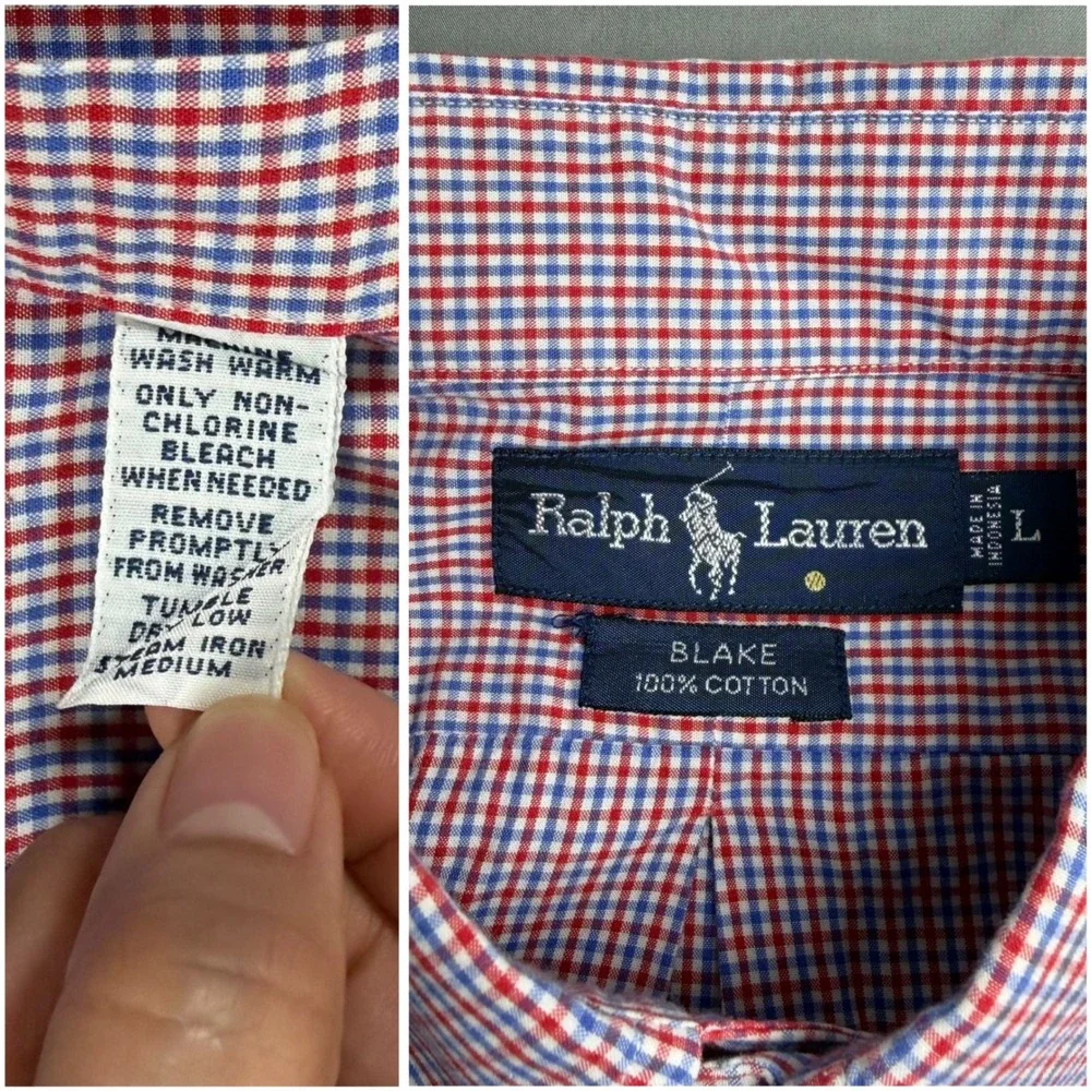 Ralph Lauren Blake Shirt Mens L Red Blue Gingham Check Short Sleeve‎ Button Down